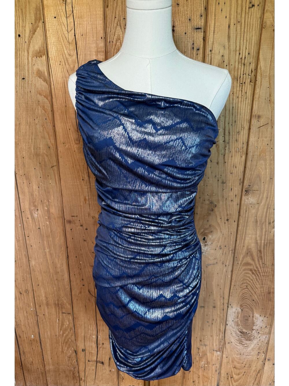 Studio Small Blue Silver Metallic One Shoulder Ruched Cocktail Dress NWT